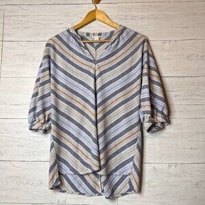Caslon Top Womens Size Small Blue, White & Tan Striped V Neck Tunic Linen Blend